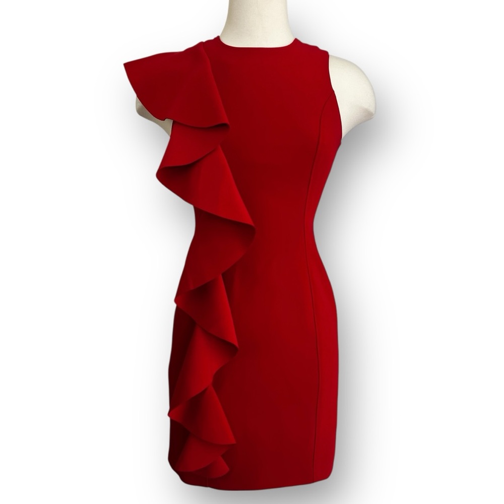 cinq a sept Kimberlin Red Cascading Ruffle Sleeveless Bodycon Mini Dress